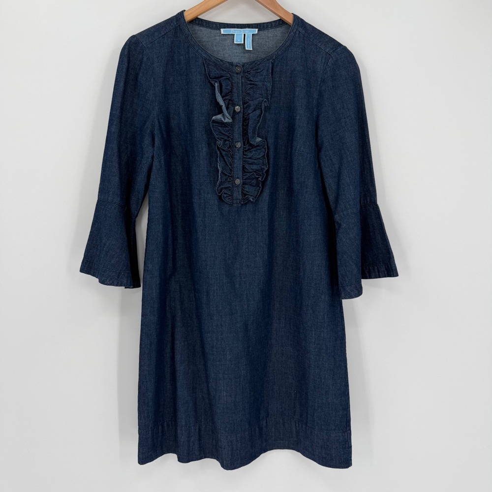 Draper James Chambray Shift‎ Dress Ruffle Front Bell Sleeve Blue Size 6